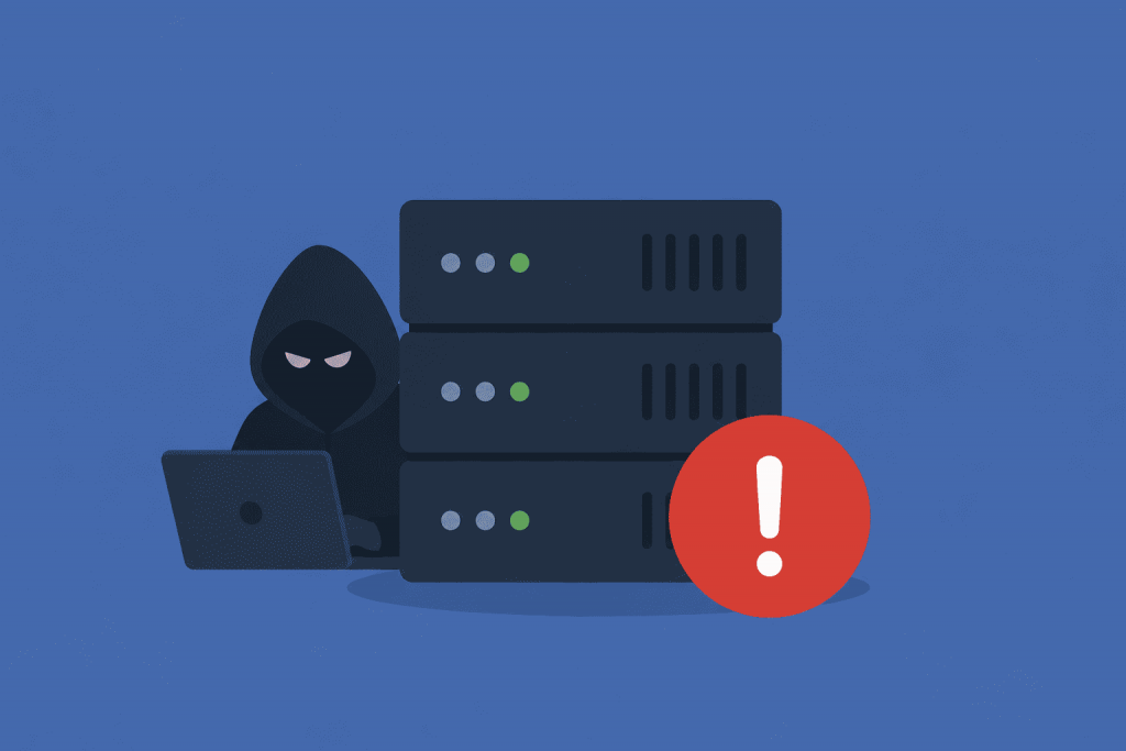 An attacker near server equipment and a large warning sign indicating a possible server hack.