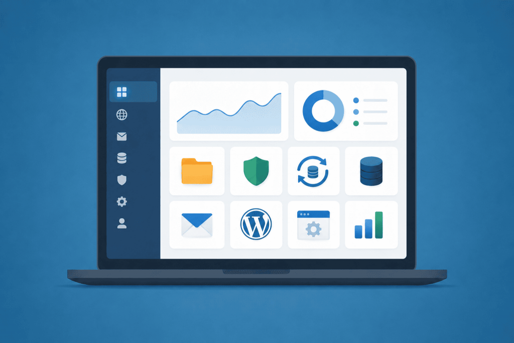 A laptop with Plesk panel showing a set of tools for site management, security, backups, mail, and statistics.