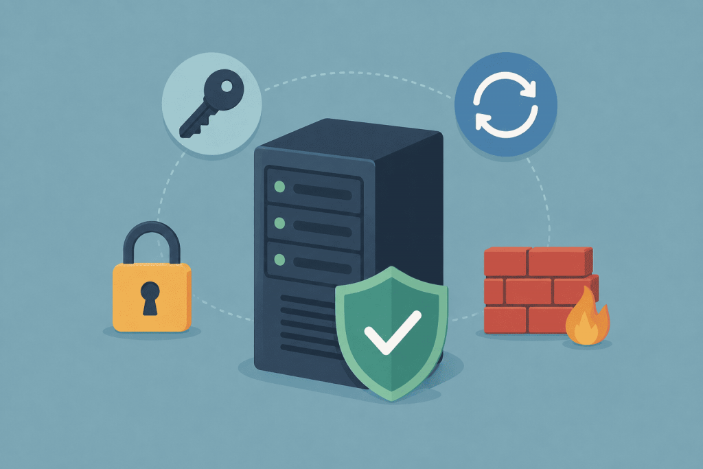 VPS server with basic security features: lock, access key, updates, firewall, and security shield.