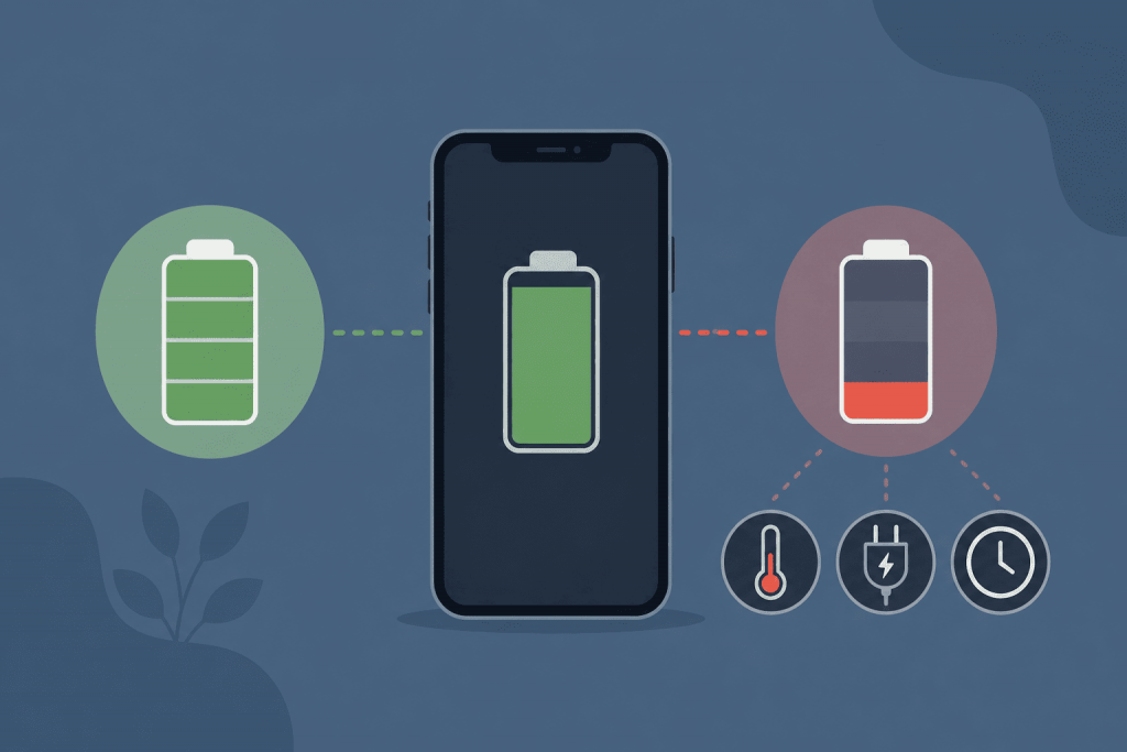 iPhone with a battery charge indicator next to it, comparing normal battery health and capacity degradation due to heat, charging, and time.