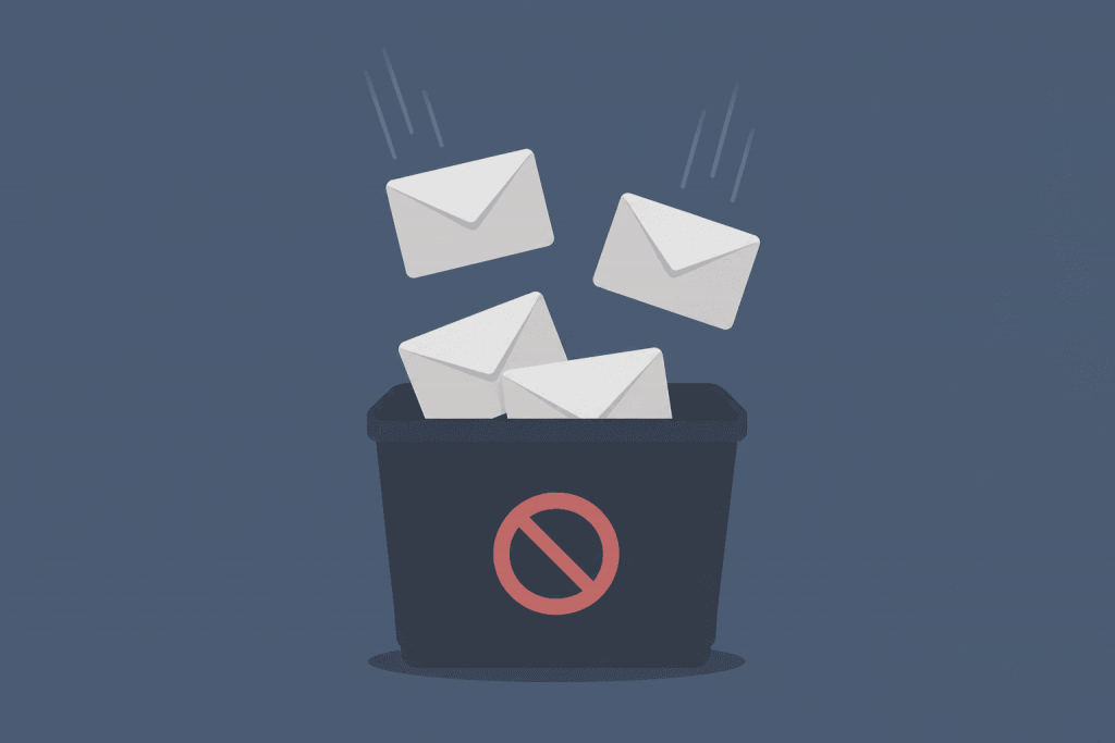 Letters from the email domain fall into the spam filter marked with a prohibition sign.