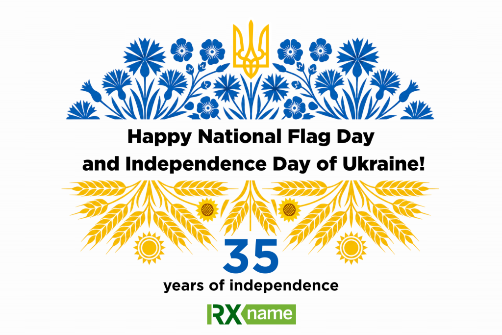 Festive illustration for the National Flag Day and the 35th anniversary of Ukraine's Independence with a trident, blue-yellow ornament and RX-NAME logo.