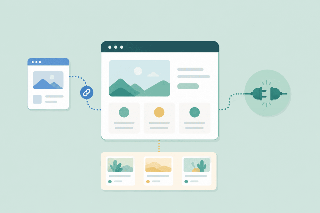 A main site with a connected blog, additional pages, and external modules working as part of a unified structure.
