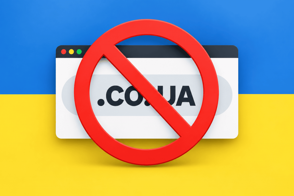The .CO.UA domain is displayed against the blue and yellow colors of Ukraine and overlaid with a large red prohibition sign.