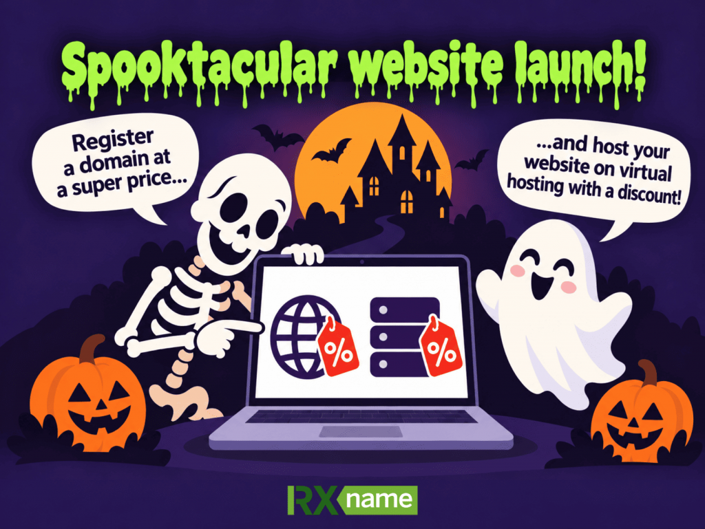 RX-NAME Halloween discounts on domains and hosting. A festive illustration featuring a skeleton, a ghost, pumpkins, and a laptop.