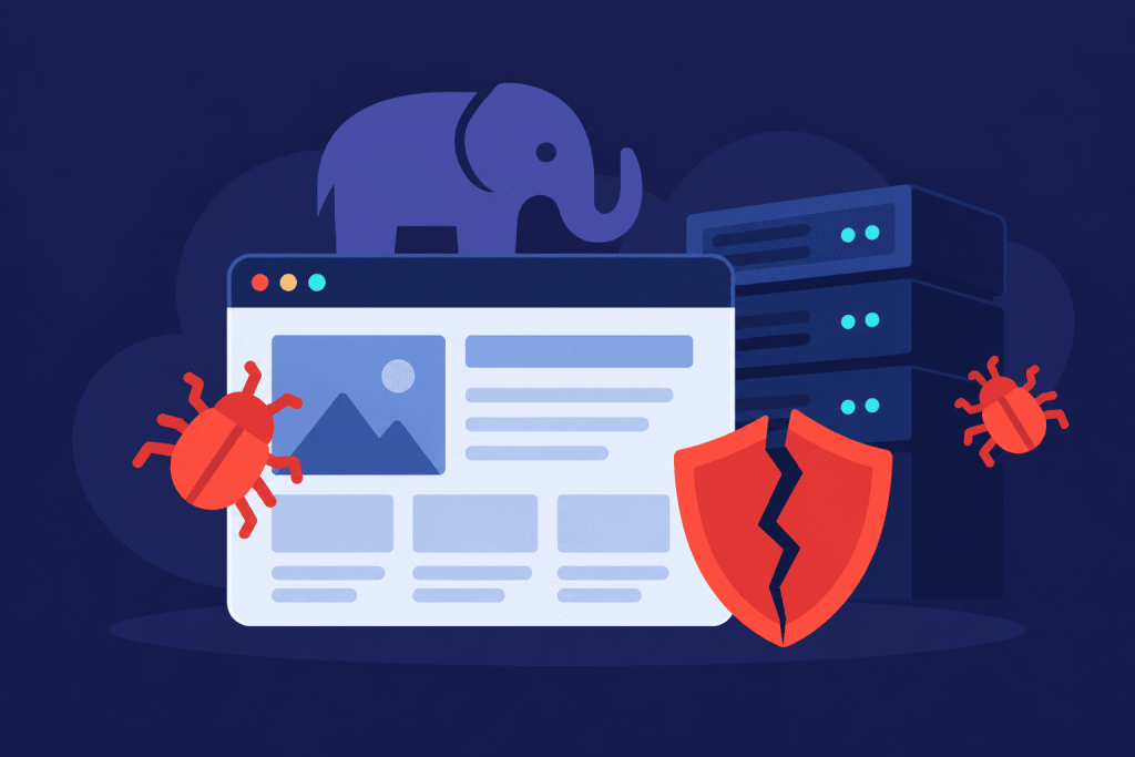 An illustration of critical PHP vulnerabilities, featuring an elephant symbol, a website, servers, malicious software, and a broken security shield.
